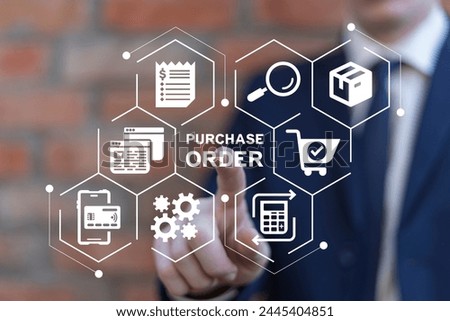 Purchase Order Form Payslip Business E-Commerce Concept. Businessman using virtual touch screen presses inscription: PURCHASE ORDER.