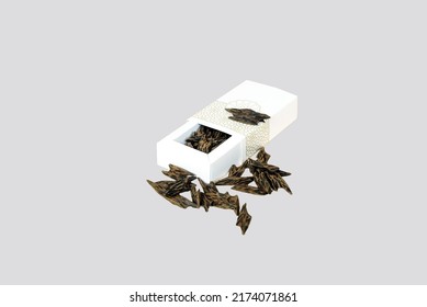 Pure Arabian Brown Oud Agar Wood Chips Around Fancy Box On Grey Background Arabic Traditional Incense Bakhoor