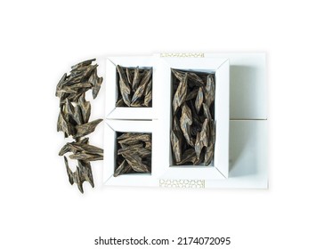 Pure Arabian Brown Oud Agar Wood Chips Around Fancy Box On White Background Arabic Traditional Incense Bakhoor