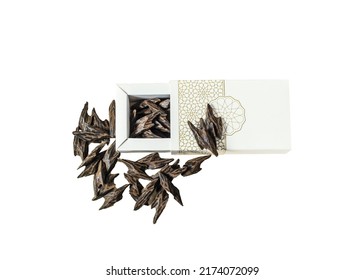 Pure Arabian Brown Oud Agar Wood Chips Around Fancy Box On White Background Arabic Traditional Incense Bakhoor