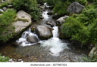 Pure Clean Water Brook Or Stream Flowing In Nature Of Himachal Pradesh, India.