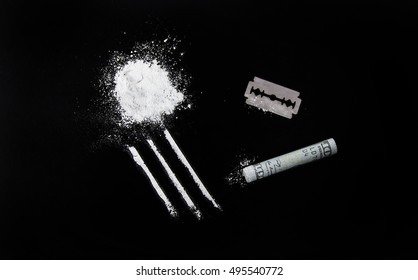 Pure Cocaine, Drugs, Blade, Money On Black Background