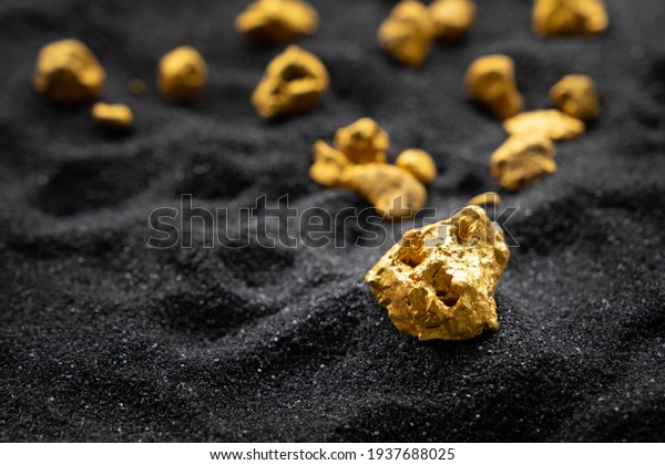 Pure gold from the mine that was unearthed was\
placed on the black sand.