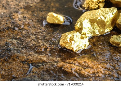 The Pure Gold Ore Found In The Mine On A Stone Floor