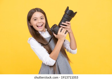 pure happiness. hobby or career. photographer beginner with modern camera. making video. childhood. teen girl taking photo. kid use digital camera. happy child photographing. school of photography.