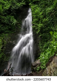 Pure, Natural, High, Mountainous Waterfall In The Mountains. Unusual Waterfall. Around A Lot Of Bushes, Greenery. Large Flow Of Water. Vertical. No People.