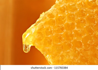 Pure natural honey dripping from honeycomb with jar of honey as background.  Macro with extremely shallow dof.