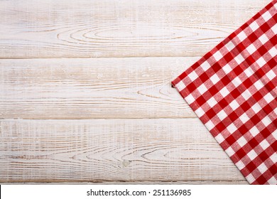 Pure Notebook For Recording Menu, Recipe On Red Checkered Tablecloth Tartan. Wooden Table Close Up View From Top 