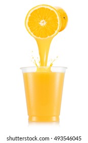 Pure Orange Juice Pouring Out From Fruit In Plastic Cup