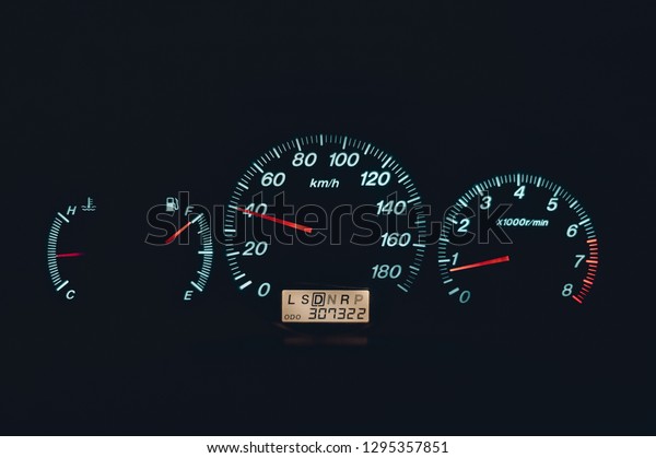 pure speedometer at night with\
speed arrow at 40. concept of speed safety speed limit in\
city