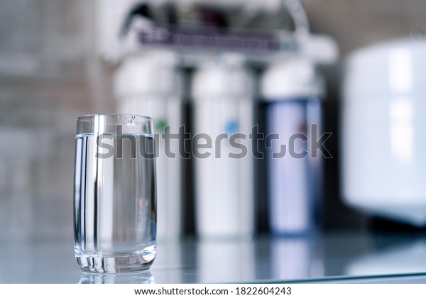 Pure water in glass and\
water filters on the blurred background. Household filtration\
system.
