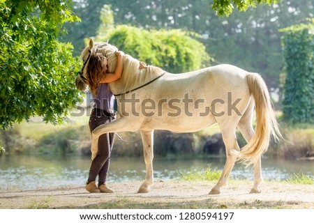 Purebred Arabian Horse hugging his owner