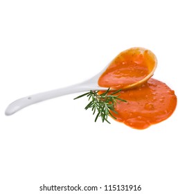  Puree The Soup Spilled From A White Spoon Isolated On White Background