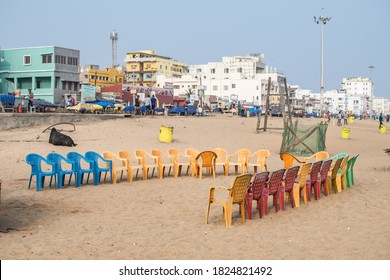 Puri, India - February 3, 2020: View Of Colorful Chairs Arranged In A Semi Circle At Puri Beach On February 3, 2020 In Puri, India