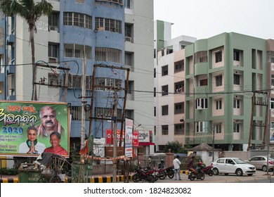 Puri, India - February 3, 2020: Street View Of Unidentified People Outside Residential Apartment Buildings On February 3, 2020 In Puri, India