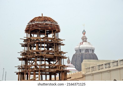 Puri Odisha India O July 1st 2015:Construction Work Of Rath Is Going On In Puri City Of Odisha. In The Picture, The Jagannath Temple Is Captured In One Frame With The Under Construction Chariot.