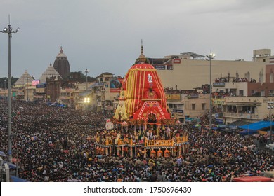 Puri,Orissa/India - 01 Jul 2017: Puri Jagannath temple and Rah Yatra. Crowd participate in the Hindu chariot festival. Ulta rath Bahura
