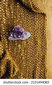 Purple Amethyst Crystal Geode Rock On Gold Sequin Fabric