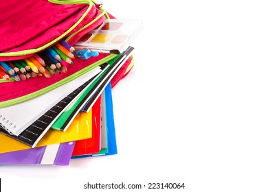 Purple Backpack With School Supplies, Copyspace
