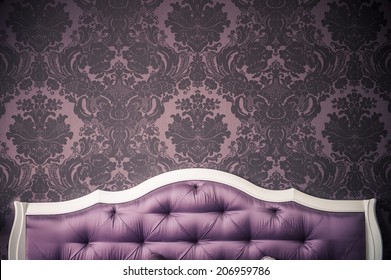 Purple Bedroom Interior,  Luxurious Bed.