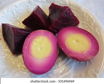 Purple beet pickled hard boiled eggs