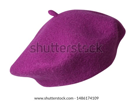 purple beret isolated on white background. hat female beret front side view.