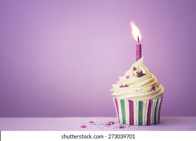 Purple Birthday Cupcake With Copy Space To Side