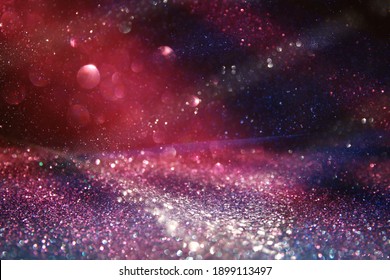 Purple, Black And Pink Glitter Vintage Lights Background. Defocused