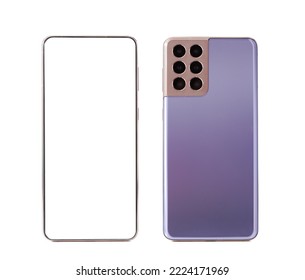 purple blank screen android phone isolated on white front and back view - Shutterstock ID 2224171969