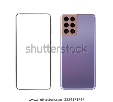 purple blank screen android phone isolated on white front and back view