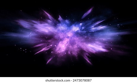 purple and blue star explosion in space with black background. The light from the explosion is reflected on its edges, creating an illusion of movement and energy. This visual effect adds dynamism to 