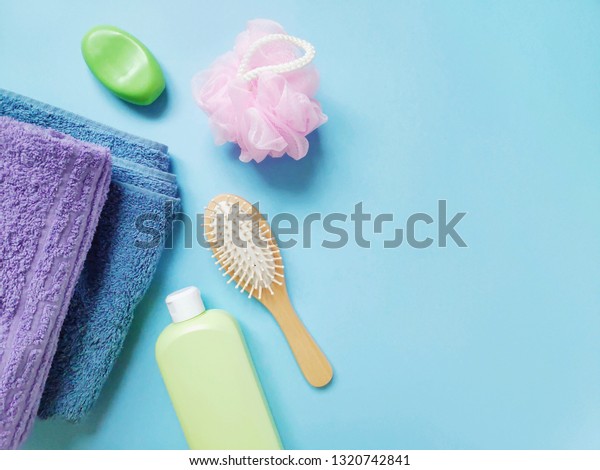 Purple Blue Towels Green Shampoo Bottle Stock Photo Edit Now