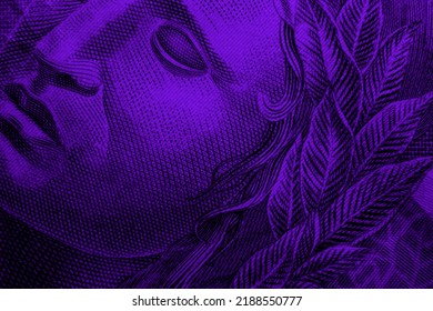 Purple Brazilian Money Bill Showing A Beautiful Drawing Of A Face With Crosshatch Texture. This Picture Works As A Design Template, Background Or Wallpaper.