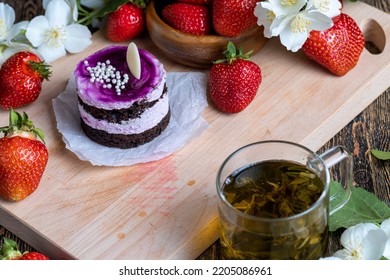 Purple Cake With Berry Flavor, Sweet Dessert Cake With Red Strawberries