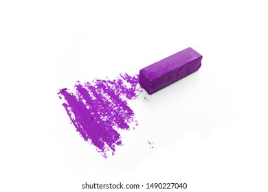 Purple Chalk For Drawing. Bright Color Of Dry Pastel On A White Surface. Smooth Stroke Line Drawing. Artists And Children's Art Supplies Isolated On White. Stain Drawn On Paper