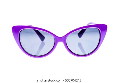 Purple Children Sunglasses, Sun Shades Or Spectacles Isolated On White Background. Color Child Glasses Protection From Sun And UV Rays. Concept Of Sun Protection And Vacation.