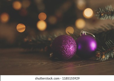 Purple Christmas Balls On The Christmas Tree
