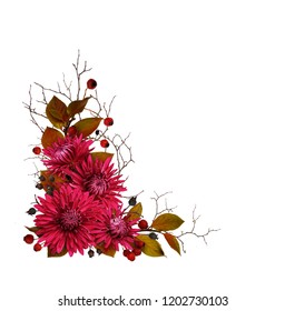 Purple chrysanthemum flowers and autumn dry twigs in a corner arrangement isolated on white background. Top view. Flat lay. - Shutterstock ID 1202730103
