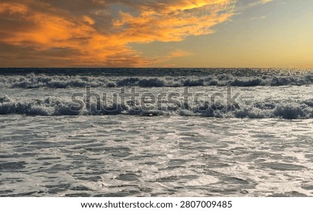 Purple clouds are reflected in the immense mirror of the sea