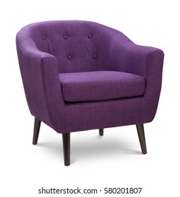 Purple color armchair. Modern designer chair on white background. Textile chair. 