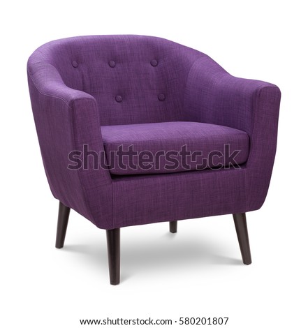Purple color armchair. Modern designer chair on white background. Textile chair. 