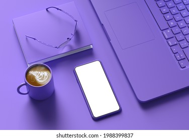 Purple Color Concept Of Desktop. Mobile Phone Template, Color Laptop With Coffee, Agenda And Glasses.