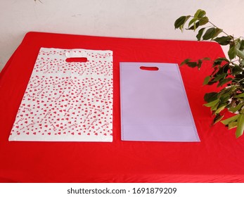Purple Color Non Woven Shopping Bags With Thank You Bag On Red Background, Polypropylene Fabric Bag