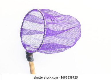 Purple color small net for fishing isolate on white background.Close up aquarium fish net scoop in circle shape.