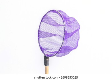 Purple color small net for fishing isolate on white background.Close up aquarium fish net scoop in circle shape.