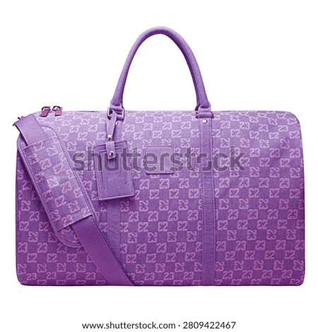 A purple duffel bag with a repeating monogram pattern and shoulder strap isolated on transparent background