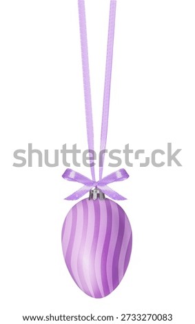Purple Easter egg with pattern hanging on ribbon against white background