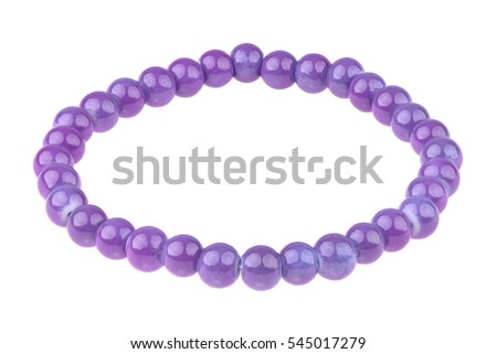 Purple elastic bracelet made of small pearl-like round beads, isolated on white background, clipping path included