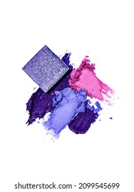 Purple eye shadow palette isolated on a white background. A makeup palette with sparkling smashed peri eyeshadows. Trendy Color of Year 2022. Concept, fashion, beauty and facial care. 