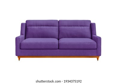 Purple fabric sofa on wooden legs isolated on white background. Series of furniture